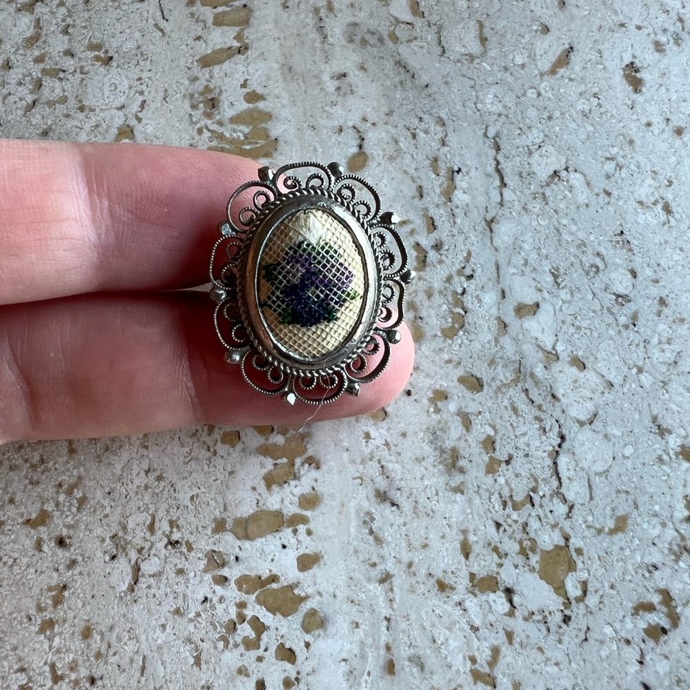Vintage Silver Embroidered Cross Stitch Floral Motif Ring Size Adjustable
